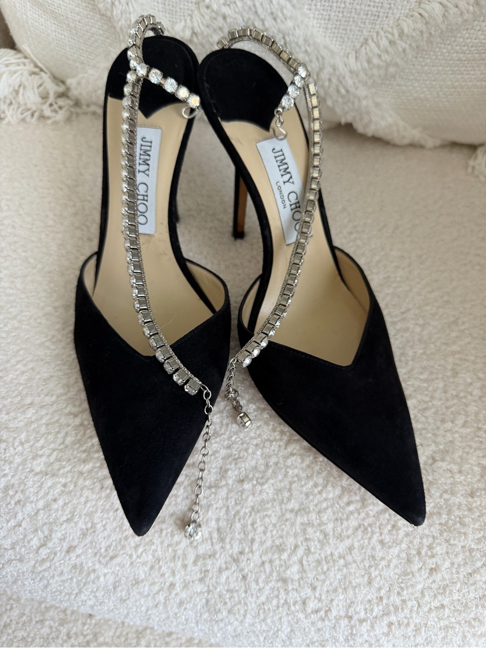 Jimmy Choo Saeda 100 Black Suede Pumps with Crystal Embellishment, Sz 38.5 - Picture 7 of 8